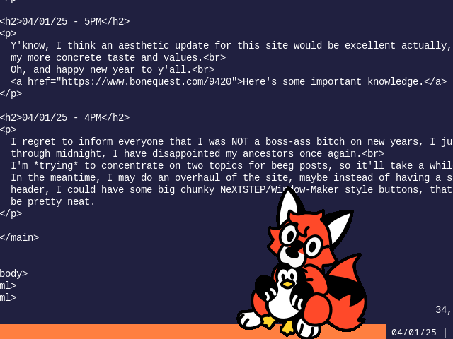 A cropped screenshot of rotbrain's
    desktop, which features a cutesified drawing of Xenia The Fox (an alternative linux mascot)
    holding Tux The Penguin (Linux's main mascot), in the background is this page's HTML file
    opened in the vim text editor.